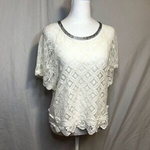 Miss Me White Lace Floral Boho Beaded Crochet Top T Shirt Womens Designer NWOT